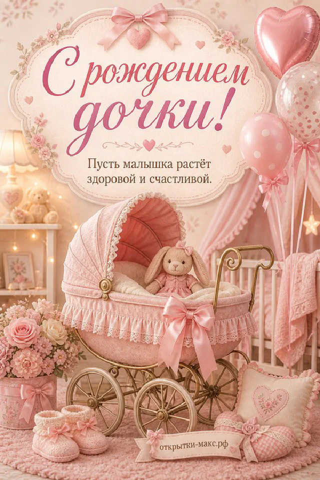 Розовая кружевная коляска с зайкой и воздушными шарами, пинетки на переднем плане, розовый декор — вариант 2