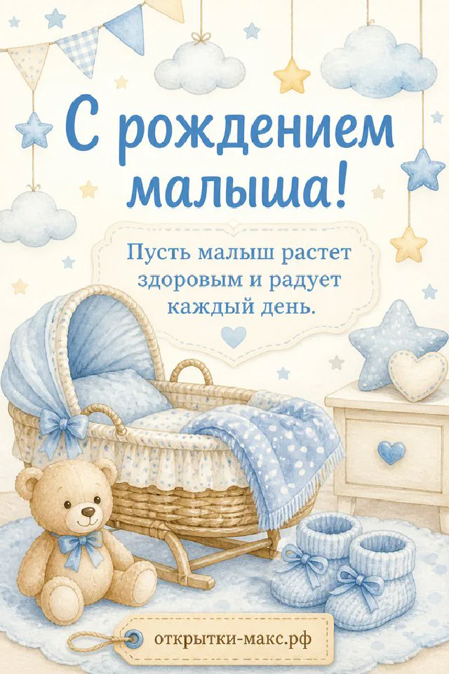 Акварельная колыбель с голубым одеяльцем, плюшевый медвежонок и пинетки на фоне облаков и звёздочек — вариант 2