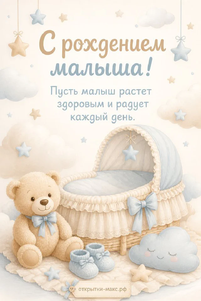 Акварельная колыбель с голубым одеяльцем, плюшевый медвежонок и пинетки на фоне облаков и звёздочек — вариант 3