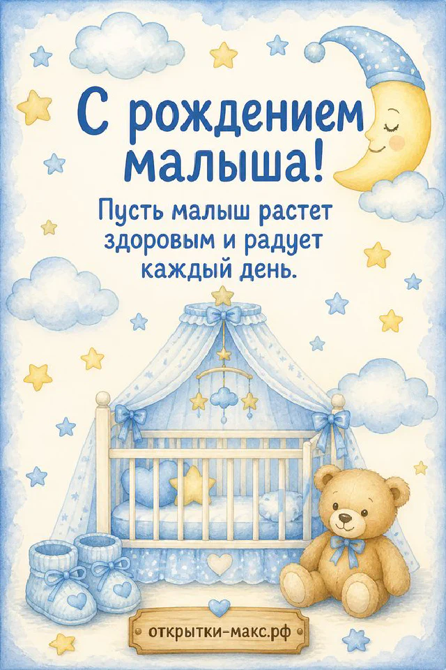Акварельная колыбель с голубым одеяльцем, плюшевый медвежонок и пинетки на фоне облаков и звёздочек — вариант 4