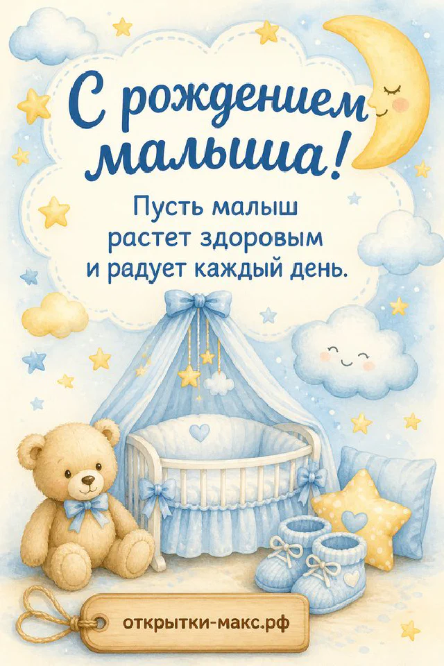 Акварельная колыбель с голубым одеяльцем, плюшевый медвежонок и пинетки на фоне облаков и звёздочек — вариант 5