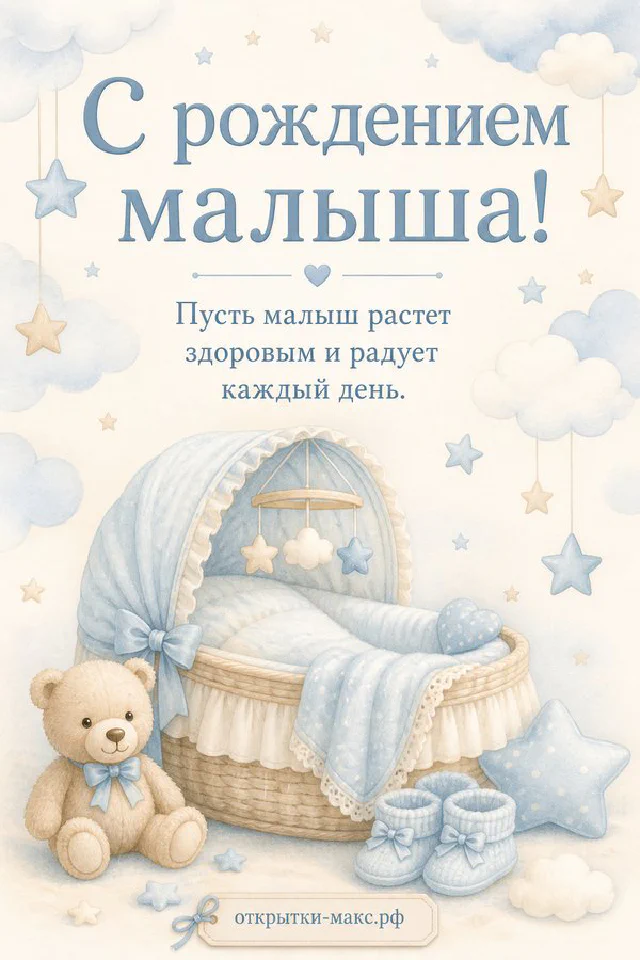 Акварельная колыбель с голубым одеяльцем, плюшевый медвежонок и пинетки на фоне облаков и звёздочек — вариант 6