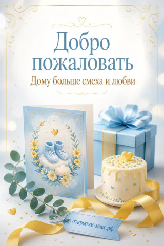 Голубая подарочная коробка с бантом, торт и пинетки на белом фоне — открытка с рождением мальчика