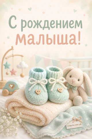 Вязаные мятные пинетки и плюшевый зайчик на кремовом пледе с детским мобиле