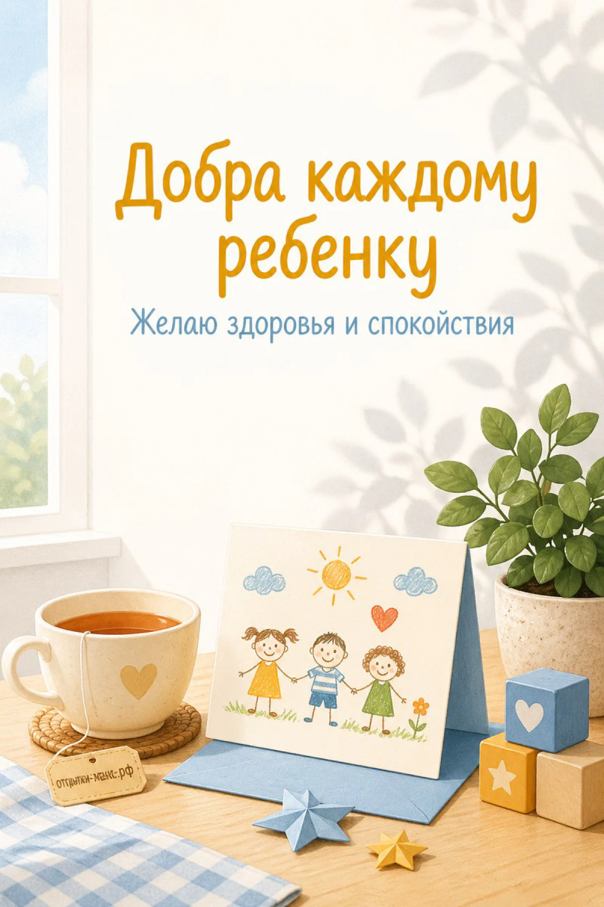Открытка с детскими кубиками и чашкой чая на светлом фоне с надписью Добра каждому ребенку