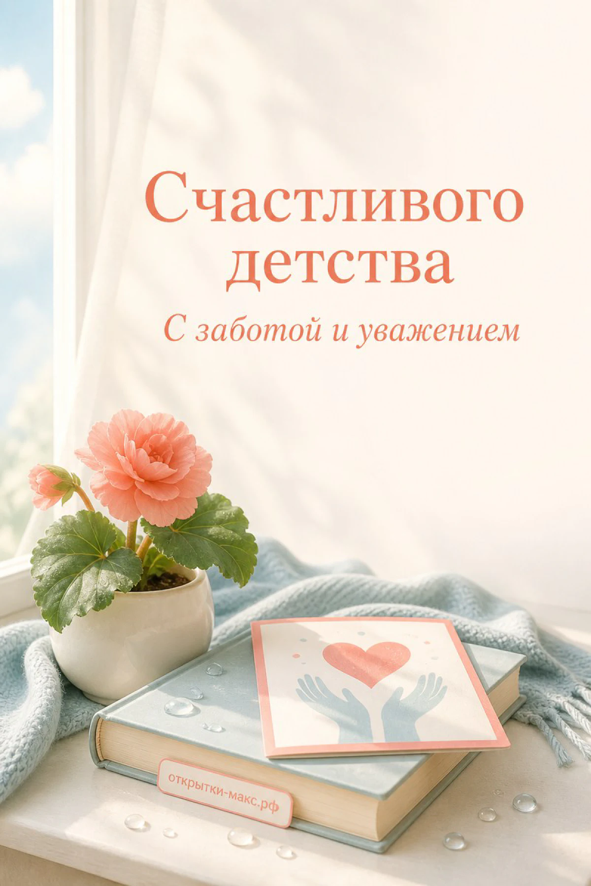 Розовый цветок в горшке на подоконнике рядом с книгой и открыткой с сердцем в ладонях