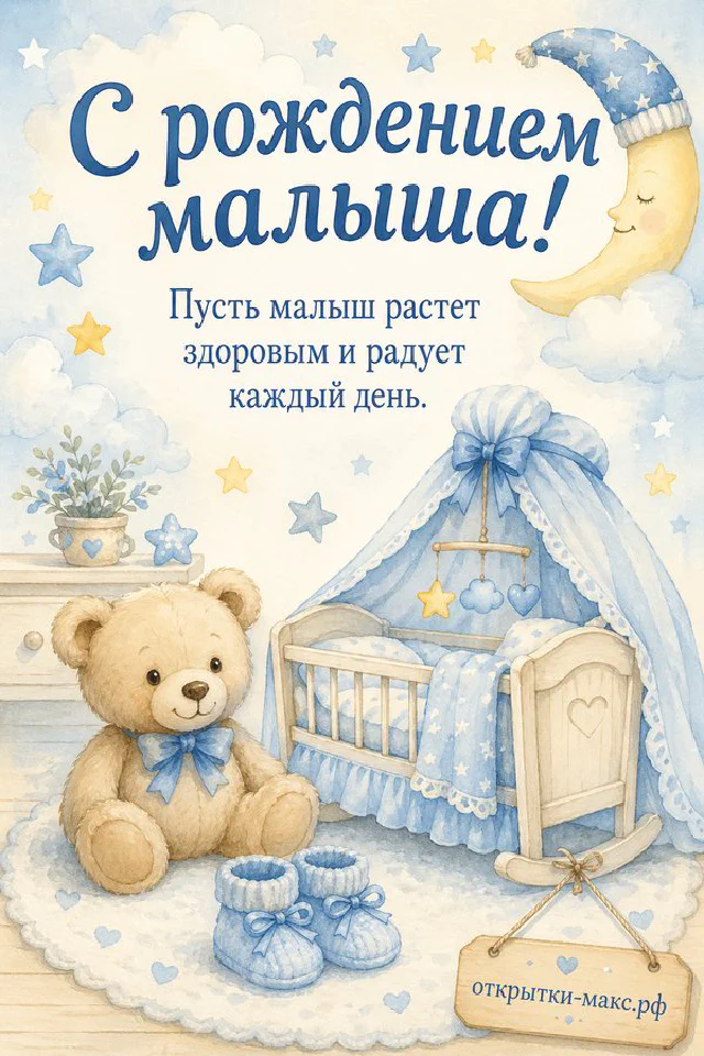 Акварельная открытка с рождением малыша: голубая колыбель с балдахином, плюшевый медвежонок, пинетки и луна со звёздами — вариант 2