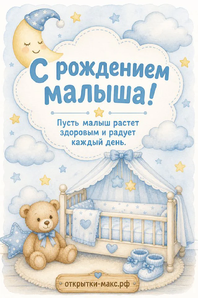 Акварельная открытка с рождением малыша: голубая колыбель с балдахином, плюшевый медвежонок, пинетки и луна со звёздами — вариант 4