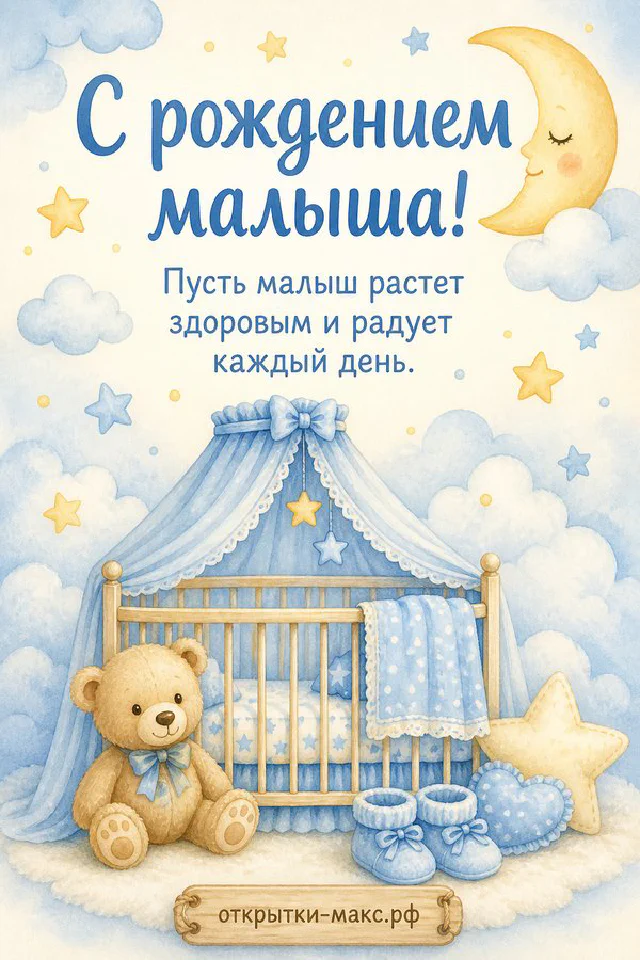 Акварельная открытка с рождением малыша: голубая колыбель с балдахином, плюшевый медвежонок, пинетки и луна со звёздами — вариант 6