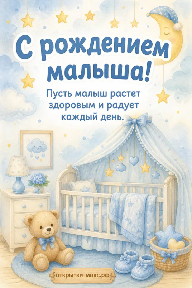 Акварельная открытка с рождением малыша: голубая колыбель с балдахином, плюшевый медвежонок, пинетки и луна со звёздами — вариант 7