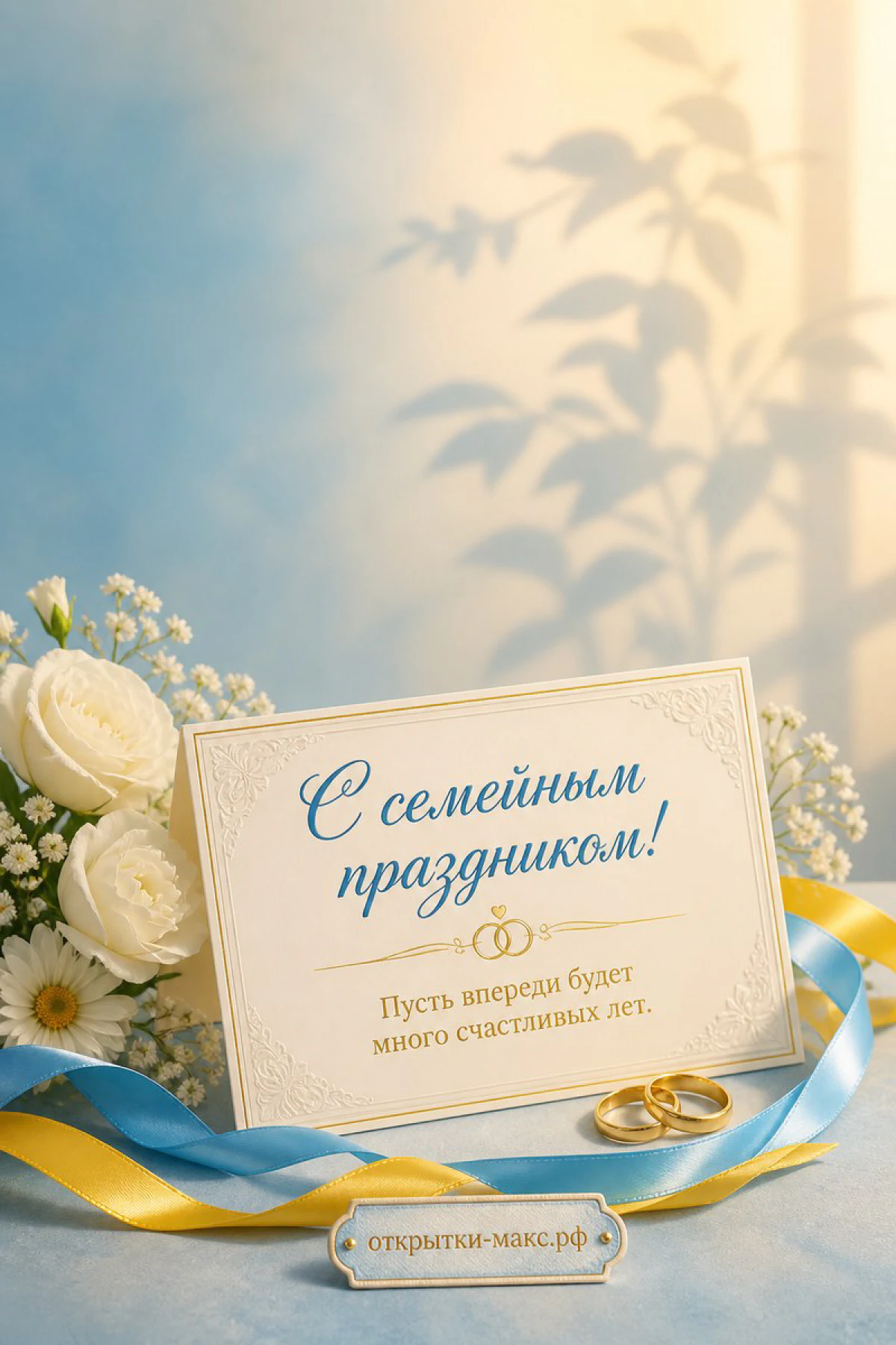 Открытка с рождением сына: белые розы, обручальные кольца и голубые ленты на пастельном фоне