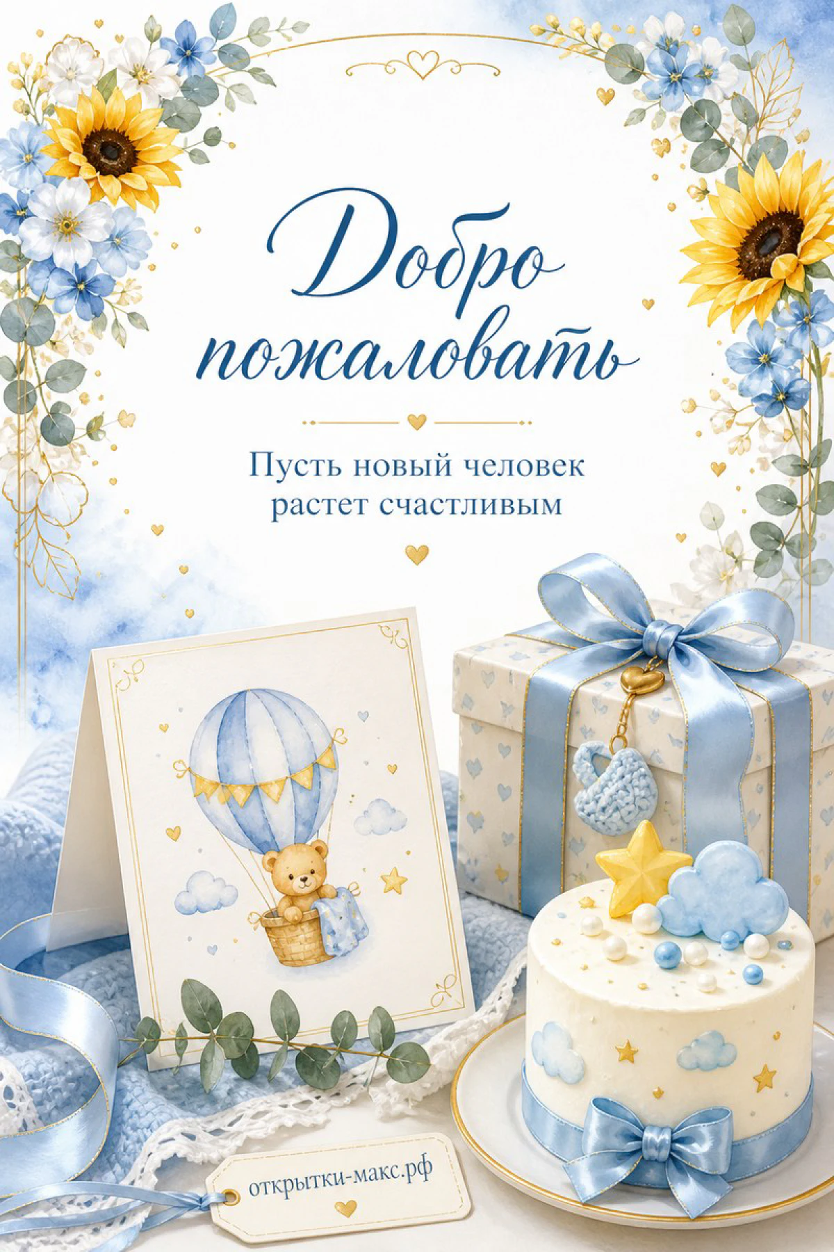 Открытка с рождением сына: медвежонок на шаре, торт со звёздочками и подарок с голубым бантом на голубом фоне
