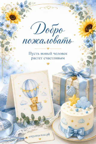 Открытка с рождением сына: медвежонок на шаре, торт со звёздочками и подарок с голубым бантом на голубом фоне