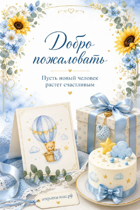 Открытка с рождением сына: медвежонок на шаре, торт со звёздочками и подарок с голубым бантом на голубом фоне