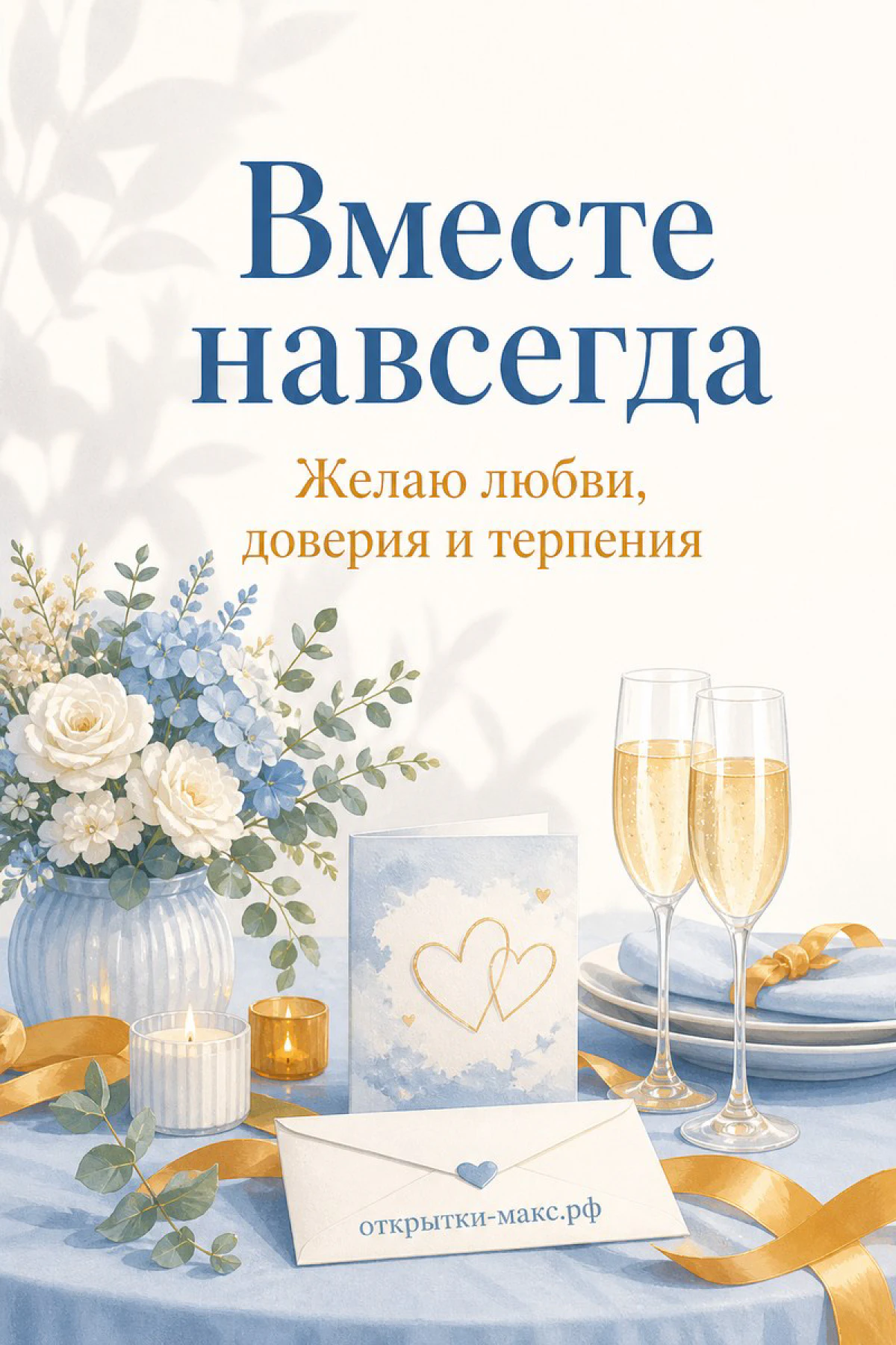 Два бокала шампанского, букет белых роз и открытка с сердцами на голубом свадебном столе
