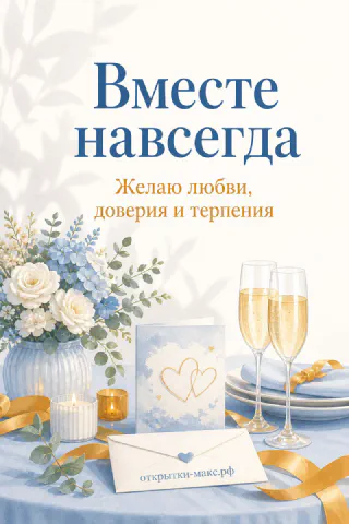 Два бокала шампанского, букет белых роз и открытка с сердцами на голубом свадебном столе