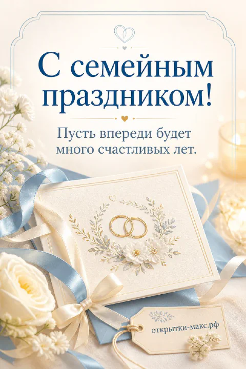 Свадебная шкатулка с золотыми кольцами, белые розы и голубая лента — открытка с днём свадьбы