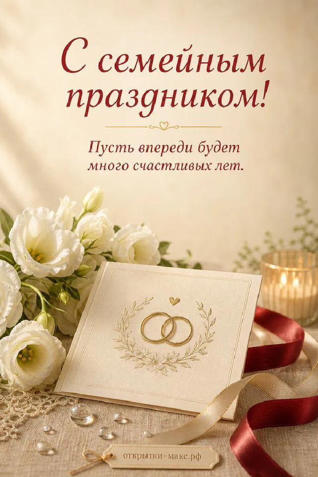 Свадебная шкатулка с золотыми кольцами, белые розы и голубая лента — открытка с днём свадьбы — вариант 2