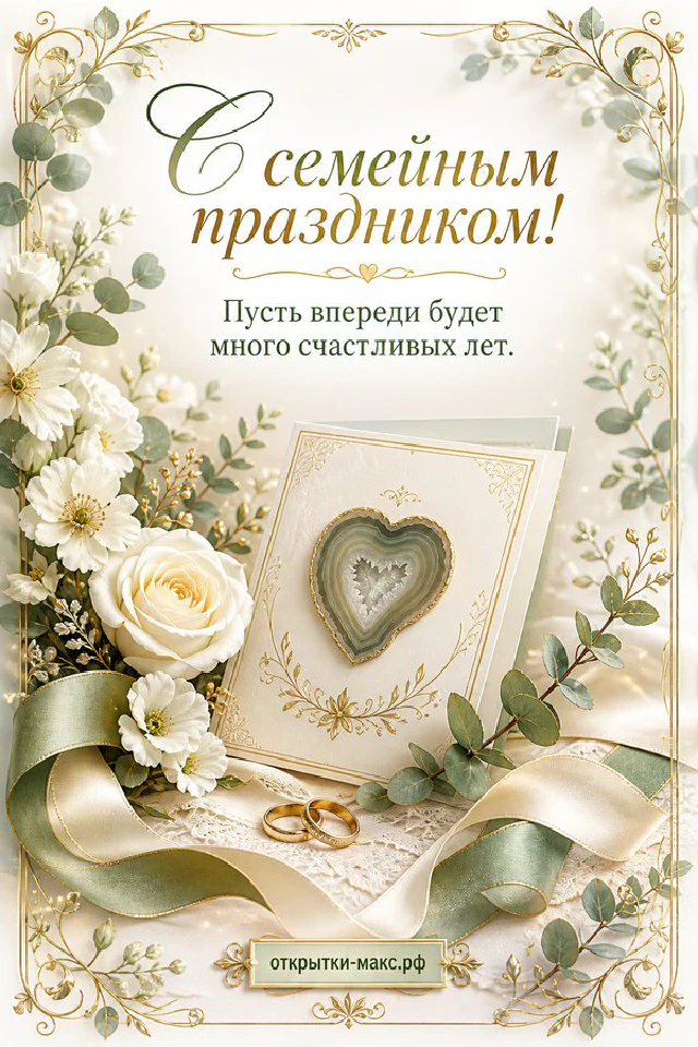 Свадебная шкатулка с золотыми кольцами, белые розы и голубая лента — открытка с днём свадьбы — вариант 3