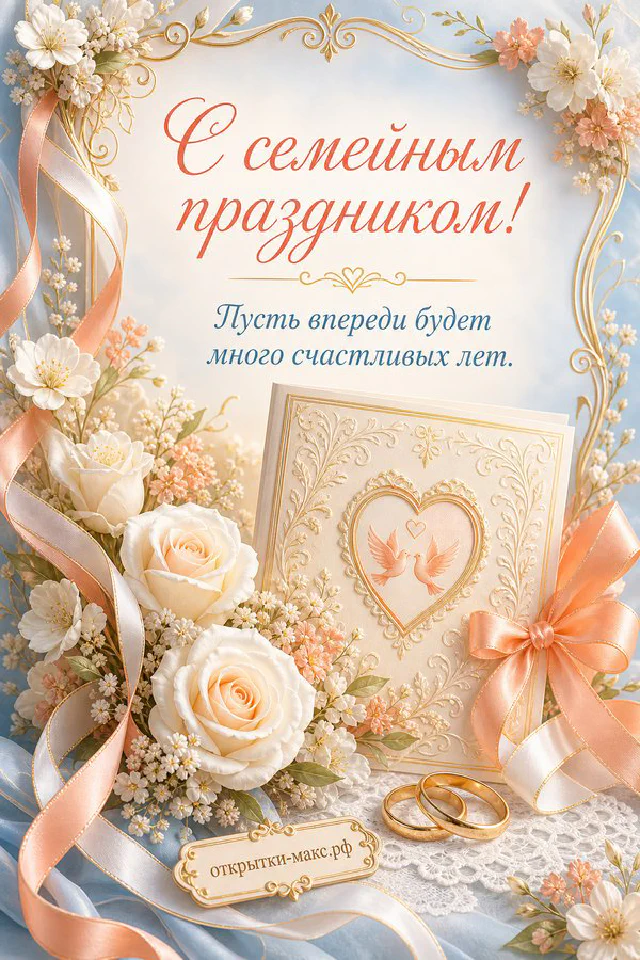 Свадебная шкатулка с золотыми кольцами, белые розы и голубая лента — открытка с днём свадьбы — вариант 4