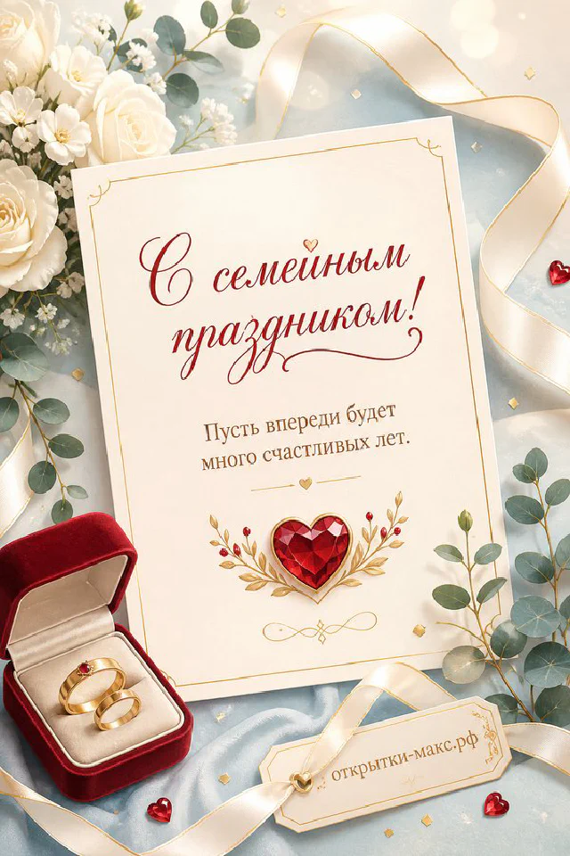 Свадебная шкатулка с золотыми кольцами, белые розы и голубая лента — открытка с днём свадьбы — вариант 5