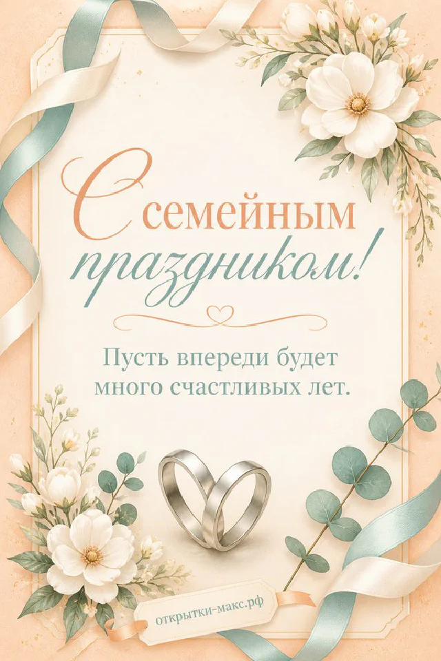 Свадебная шкатулка с золотыми кольцами, белые розы и голубая лента — открытка с днём свадьбы — вариант 7