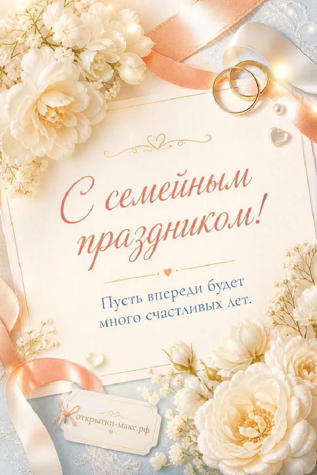Свадебная шкатулка с золотыми кольцами, белые розы и голубая лента — открытка с днём свадьбы — вариант 8