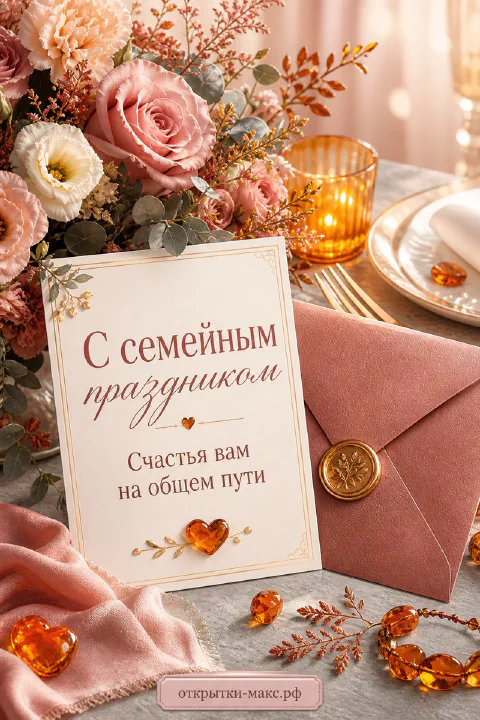 Розовые и персиковые розы с конвертом из розового бархата и янтарными сердечками на праздничном столе