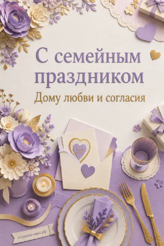 Праздничная сервировка в лиловых тонах с бумажными цветами, конвертом и тарелками с золотым декором