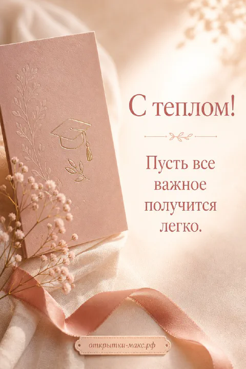 Нежная пудровая открытка с выпускным с конвертом, академической шапкой и сухоцветами на шёлке