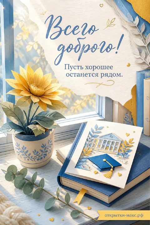 Открытка выпускнику с жёлтым подсолнухом на подоконнике, синими книгами и академической фуражкой